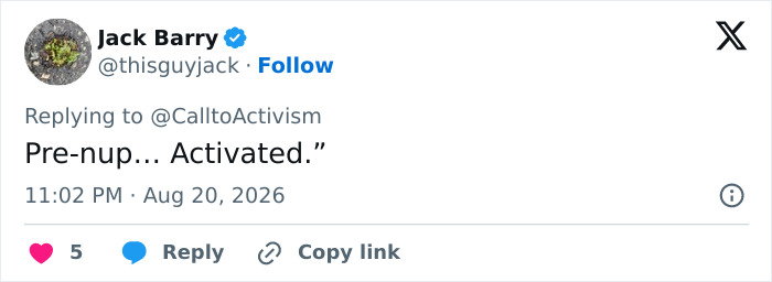 A social media user comments on Melania Trump's reappearance with Donald, stating Pre-nup... Activated. A social media user comments on Melania Trump's reappearance with Donald, stating Pre-nup... Activated.
