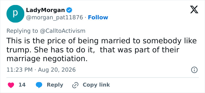 A comment about Melania Trump's gesture with Donald, stating it's the price of being married to Trump and part of their marriage negotiation. A comment about Melania Trump's gesture with Donald, stating it's the price of being married to Trump and part of their marriage negotiation.