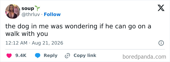 Funny tweet about a dog wanting a walk, part of a compilation of funny tweets from August.