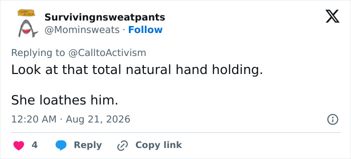 A social media comment speculating on Melania Trump's gesture with Donald. A social media comment speculating on Melania Trump's gesture with Donald.