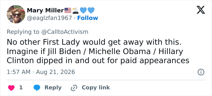 A social media post by Mary Miller on Melania Trump's gesture and reappearance. A social media post by Mary Miller on Melania Trump's gesture and reappearance.