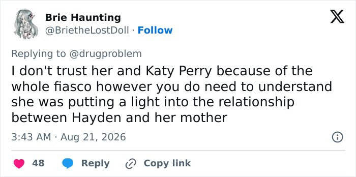 Twitter user Brie Hauntings comment on Ruby Rose sharing Hayden Panettiere's private texts. Twitter user Brie Hauntings comment on Ruby Rose sharing Hayden Panettiere's private texts.