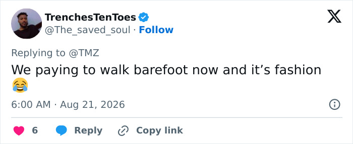 A user's tweet expressing disbelief over paying for barefoot fashion, referring to Margaret Qualley's sandals.