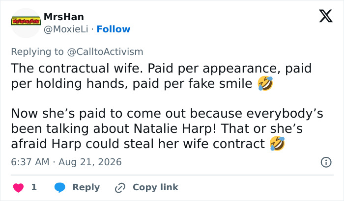 A social media user comments on Melania Trump's gesture, calling her a contractual wife and referencing Natalie Harp. A social media user comments on Melania Trump's gesture, calling her a contractual wife and referencing Natalie Harp.