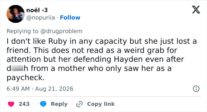 A tweet discussing Ruby Rose defending Hayden Panettiere, despite personal dislike. A tweet discussing Ruby Rose defending Hayden Panettiere, despite personal dislike.