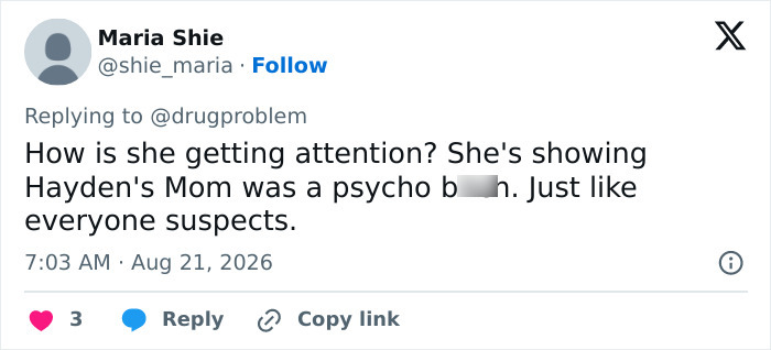 A screenshot of a tweet from Maria Shie, reacting to Ruby Rose sharing Hayden Panettiere's private texts. A screenshot of a tweet from Maria Shie, reacting to Ruby Rose sharing Hayden Panettiere's private texts.