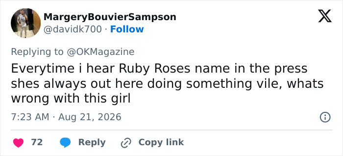 Tweet noting Ruby Rose frequently faces negative press for her actions, including sharing Hayden Panettiere's private texts. Tweet noting Ruby Rose frequently faces negative press for her actions, including sharing Hayden Panettiere's private texts.