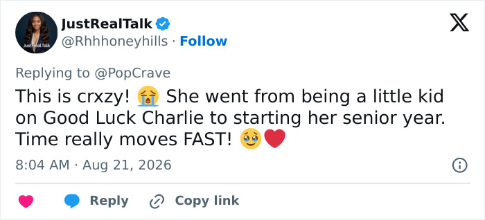 JustRealTalk tweet about the Good Luck Charlie child star, amazed by her senior year update making fans feel old. JustRealTalk tweet about the Good Luck Charlie child star, amazed by her senior year update making fans feel old.