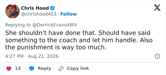 A social media post about a teen girl tackling a football player, suggesting coach intervention. A social media post about a teen girl tackling a football player, suggesting coach intervention.