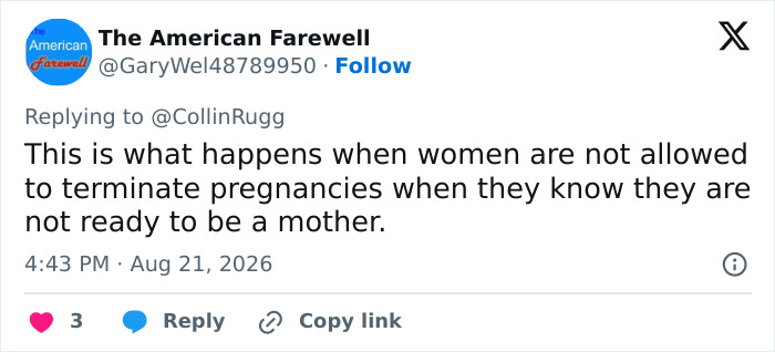Tweet about cheerleader Laken Snelling newborn case, stating women not allowed to terminate pregnancies. Tweet about cheerleader Laken Snelling newborn case, stating women not allowed to terminate pregnancies.