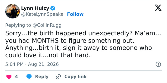 Tweet about cheerleader Laken Snelling newborn case, stating that the mother had months to figure something out. Tweet about cheerleader Laken Snelling newborn case, stating that the mother had months to figure something out.