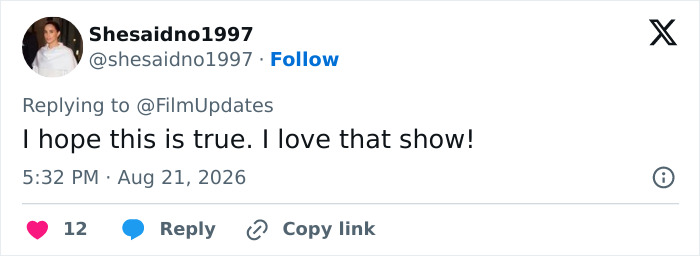 Tweet by Shesaidno1997, expressing hope about Meghan Markle's acting comeback and love for a show.