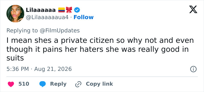 Tweet by Lilaaaaaa, supporting Meghan Markle's acting comeback and praising her work in Suits.