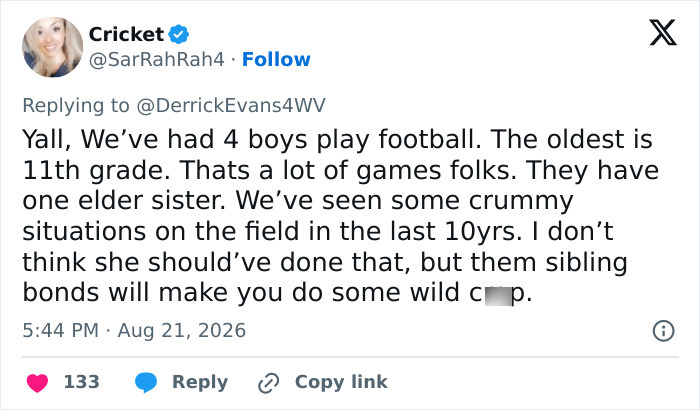 A social media post about a teen girl tackling a football player and sibling bonds. A social media post about a teen girl tackling a football player and sibling bonds.