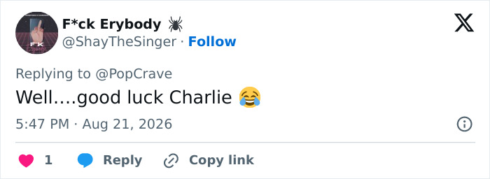 Screenshot of a tweet saying good luck Charlie, from a fan reacting to the child star's update. Screenshot of a tweet saying good luck Charlie, from a fan reacting to the child star's update.