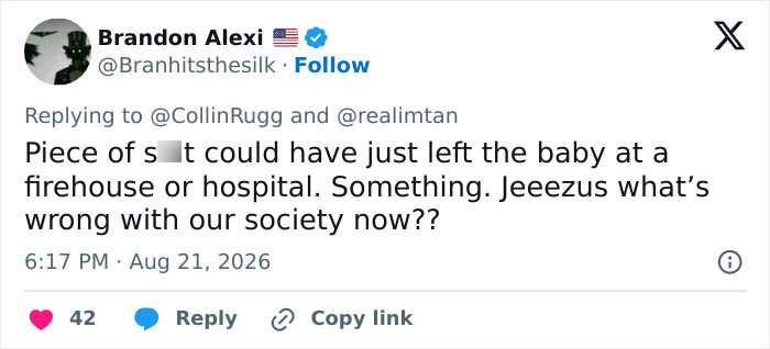 Twitter user 'Brandon Alexi' criticizing Laken Snelling's actions and societal issues regarding newborn care. Twitter user 'Brandon Alexi' criticizing Laken Snelling's actions and societal issues regarding newborn care.