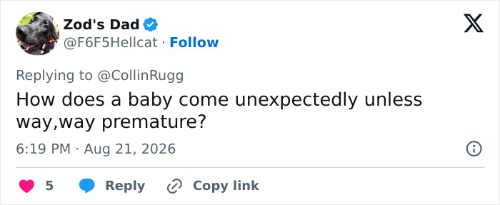 Twitter comment from 'Zod's Dad' questioning unexpected newborn birth in the Laken Snelling case. Twitter comment from 'Zod's Dad' questioning unexpected newborn birth in the Laken Snelling case.