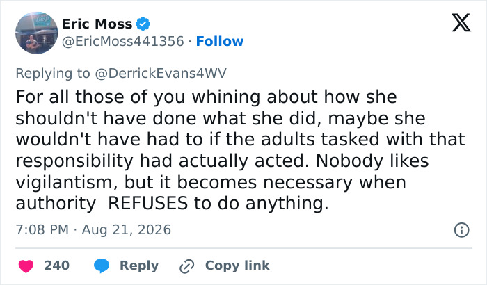 Eric Moss tweet about a teen girl tackling a football player due to adult inaction, leading to charges. Eric Moss tweet about a teen girl tackling a football player due to adult inaction, leading to charges.