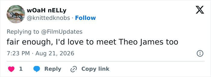 A tweet by wOaH nELLy about wanting to meet Theo James, related to Meghan Markle's acting comeback backlash.