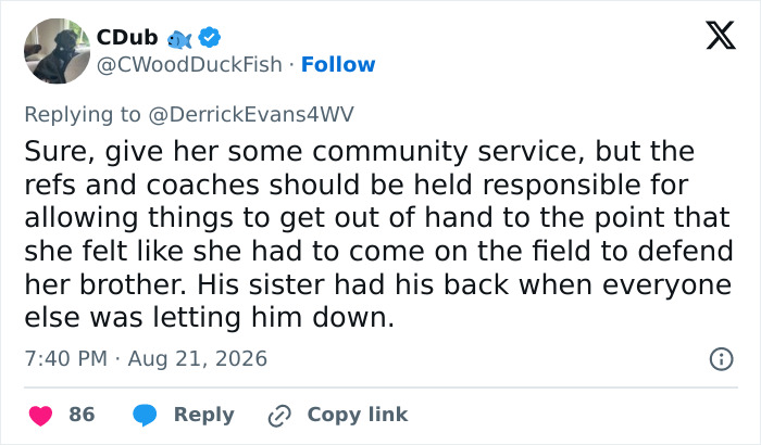 CDub tweet supporting a teen girl tackling a football player to defend her brother, blaming refs and coaches. CDub tweet supporting a teen girl tackling a football player to defend her brother, blaming refs and coaches.