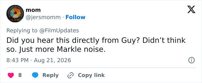 A tweet by mom questioning the source of Meghan Markle acting comeback details, calling it Markle noise.
