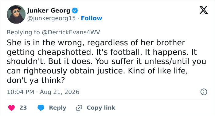 A social media post discussing a teen girl tackling a football player and cheap shots in football. A social media post discussing a teen girl tackling a football player and cheap shots in football.
