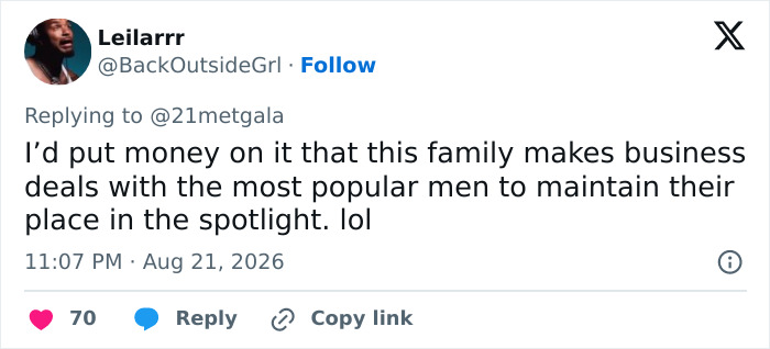 A tweet by @BackOutsideGrl speculating on the Kardashian-Jenner family's business deals and spotlight maintenance. A tweet by @BackOutsideGrl speculating on the Kardashian-Jenner family's business deals and spotlight maintenance.