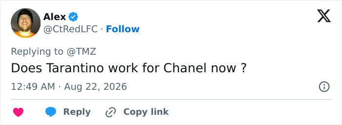 A social media user comments on Margaret Qualley barefoot sandals, questioning if Quentin Tarantino works for Chanel now.