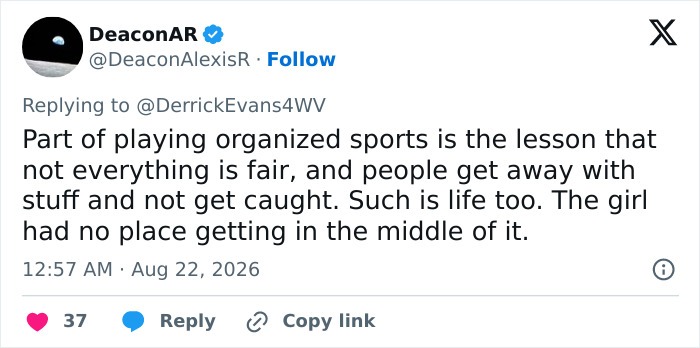 DeaconAR tweet about a teen girl tackling a football player, stating she should not have interfered. DeaconAR tweet about a teen girl tackling a football player, stating she should not have interfered.