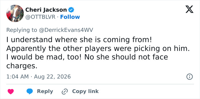 A screenshot of a tweet by Cheri Jackson, @OTTBLVR, discussing the viral incident of a teen girl tackling a football player. A screenshot of a tweet by Cheri Jackson, @OTTBLVR, discussing the viral incident of a teen girl tackling a football player.