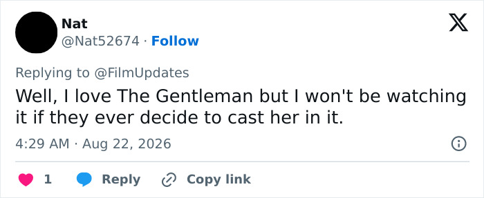 A tweet by Nat stating they won't watch The Gentleman if Meghan Markle is cast, showing backlash to her acting comeback.