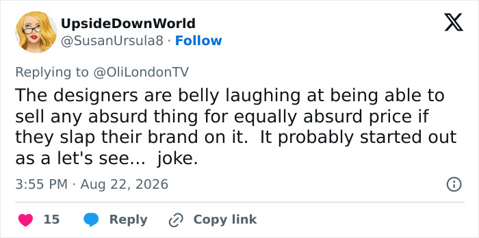 Screenshot of a tweet from UpsideDownWorld about designers selling absurd items like barefoot sandals for high prices.