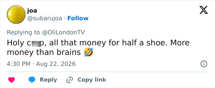 A user's tweet criticizing the high price of Margaret Qualley's barefoot sandals, calling them half a shoe.