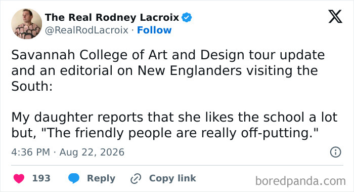 A tweet about the comedy of raising kids, a daughter's funny observation about friendly people during a college tour.