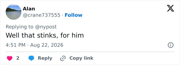 A social media user comments on an influencer's mid-flight prank with 'Well that stinks, for him'.