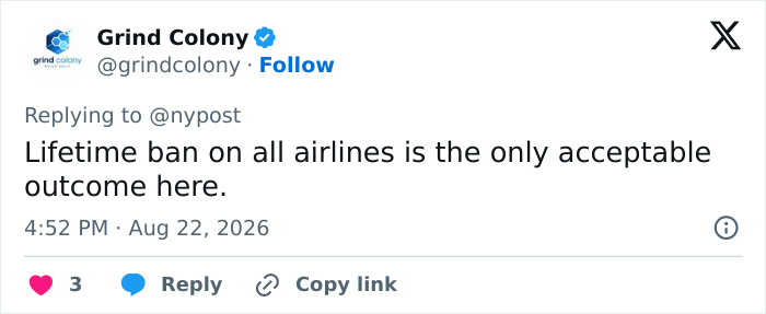 A tweet suggesting a lifetime airline ban for the influencer after his mid-flight prank.