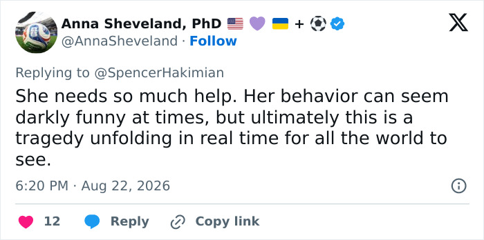 A tweet from Anna Sheveland discussing the unfolding tragedy related to the Trump Natalie Harp scandal. A tweet from Anna Sheveland discussing the unfolding tragedy related to the Trump Natalie Harp scandal.