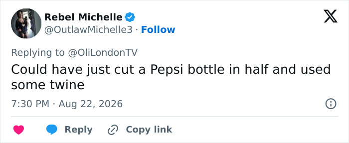 Screenshot of a tweet by Rebel Michelle commenting on Margaret Qualley's 'barefoot' sandals.