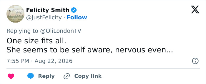 Screenshot of a tweet by Felicity Smith commenting on the barefoot sandals: One size fits all. She seems self-aware, nervous even.