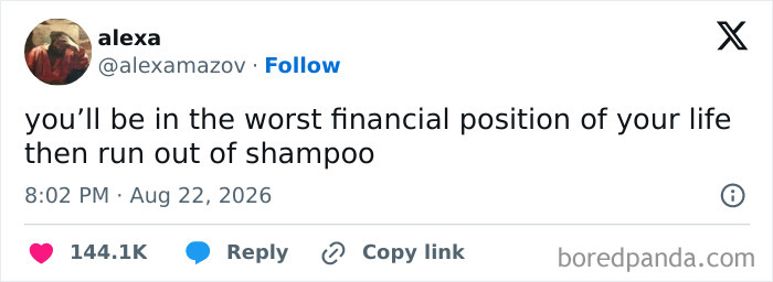 Screenshot of a funny tweet from alexa about financial woes and shampoo, adding to the good mood with humor.