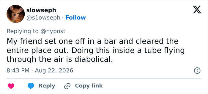 Tweet describing a mid-flight prank as diabolical and sharing a similar experience in a bar.