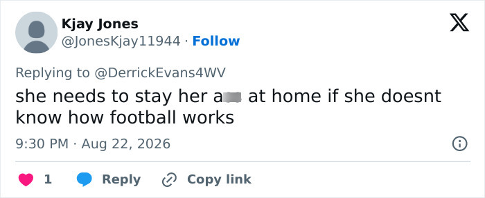 Kjay Jones tweet criticizing a teen girl for tackling a football player, commenting on understanding football. Kjay Jones tweet criticizing a teen girl for tackling a football player, commenting on understanding football.