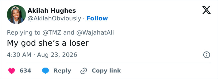 A tweet from Akilah Hughes saying My god she's a loser, relevant to the Trump Natalie Harp scandal. A tweet from Akilah Hughes saying My god she's a loser, relevant to the Trump Natalie Harp scandal.