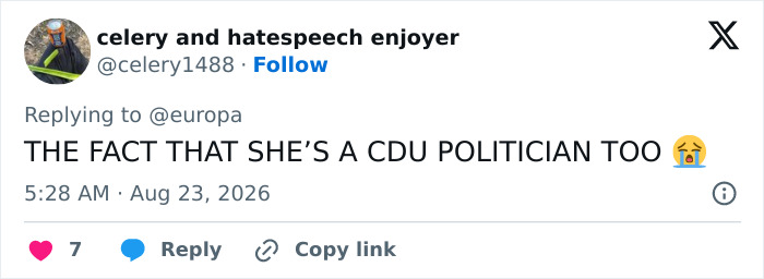 A social media comment expressing disbelief that the conservative politician with the provocative necklace is CDU. A social media comment expressing disbelief that the conservative politician with the provocative necklace is CDU.