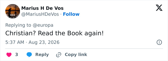 A tweet from Marius H De Vos commenting on the politician's necklace and campaign, urging to Read the Book again! A tweet from Marius H De Vos commenting on the politician's necklace and campaign, urging to Read the Book again!