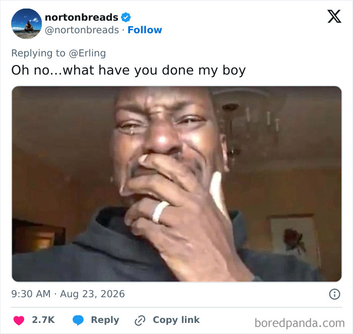 Meme showing a man crying, expressing sadness over Erling Haaland cutting off his iconic locks.