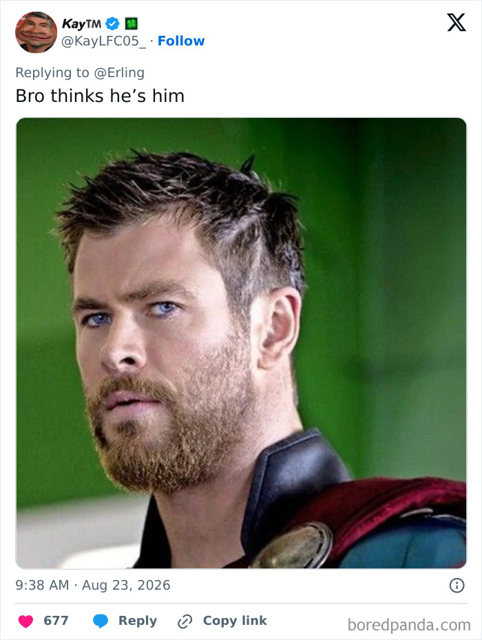 Meme of Chris Hemsworth as Thor, implying Erling Haaland's new haircut looks like Thor's haircut.