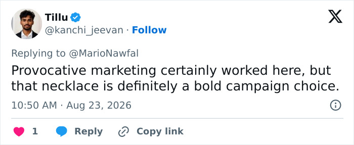 A tweet about a conservative politician's provocative necklace on campaign posters being a bold choice. A tweet about a conservative politician's provocative necklace on campaign posters being a bold choice.