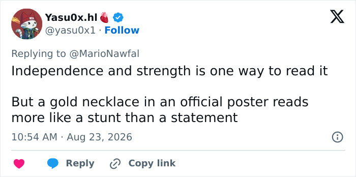 A tweet suggesting a conservative politician's gold necklace on campaign posters is a stunt, not a statement. A tweet suggesting a conservative politician's gold necklace on campaign posters is a stunt, not a statement.