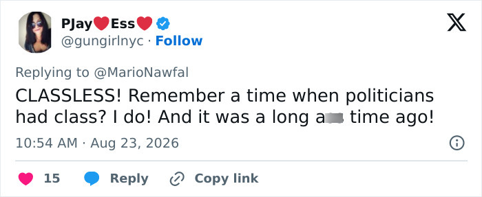 A social media post criticizing a Conservative politician for her provocative necklace on campaign posters. A social media post criticizing a Conservative politician for her provocative necklace on campaign posters.